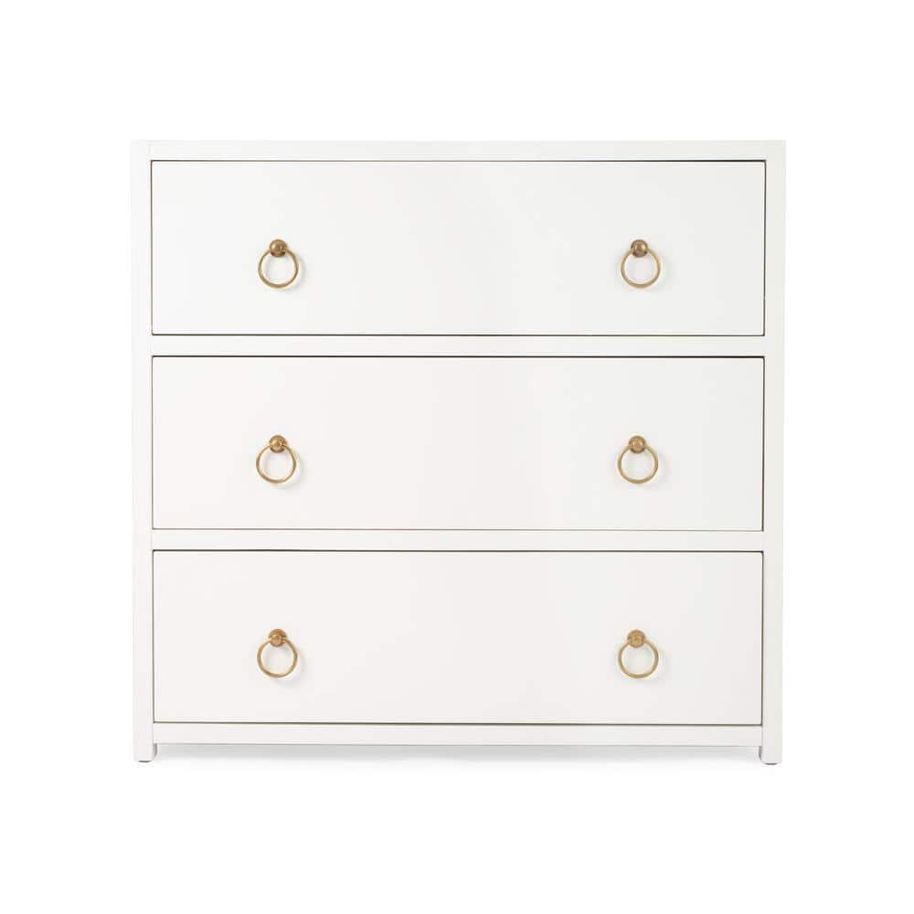 Elegant White Acacia 3-Drawer Chest with Gold Metallic Hardware