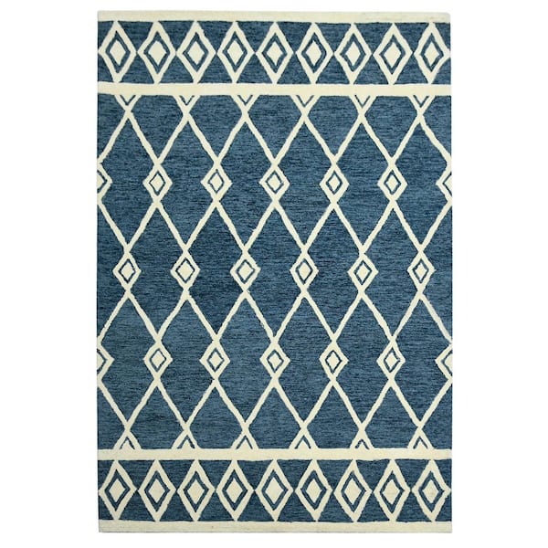 5 ft. x 8 ft. Blue And Ivory Wool Argyle Hand Hooked Area Rug