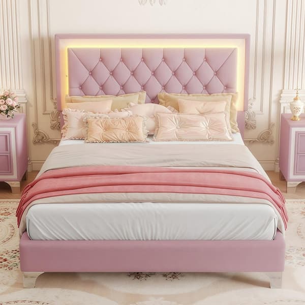 Pink Wood Frame Full Size Velvet Platform Bed with Tufted Headboard and LED Lights