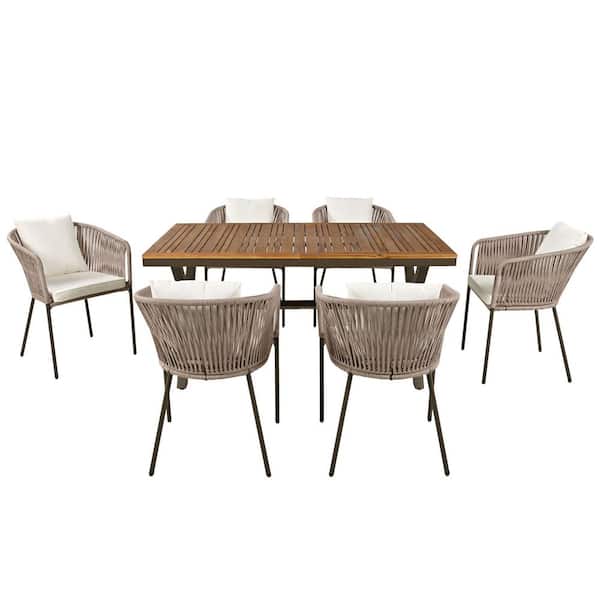 7-Piece Wood Outdoor Dining Set, All-Weather Outdoor with Dining Table and Chairs, Acacia Wood Tabletop, Cushions, Beige