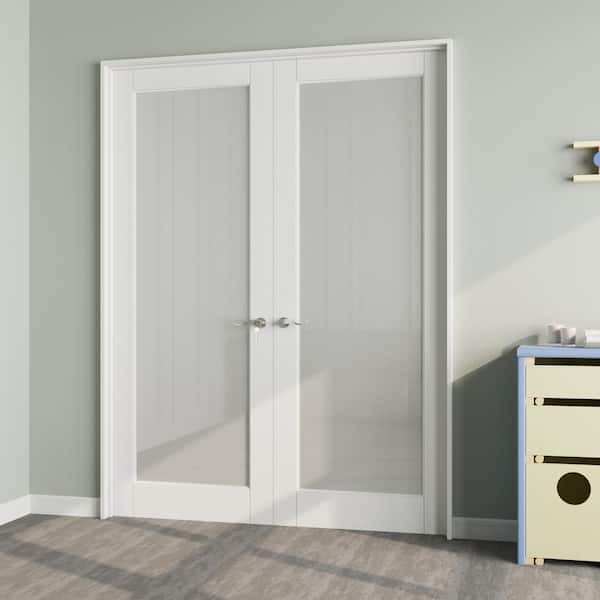 60 in. x 80 in. Universal Handed 1-Lite Frosted Glass White Solid Core MDF Assembly Required French Door with Jamb