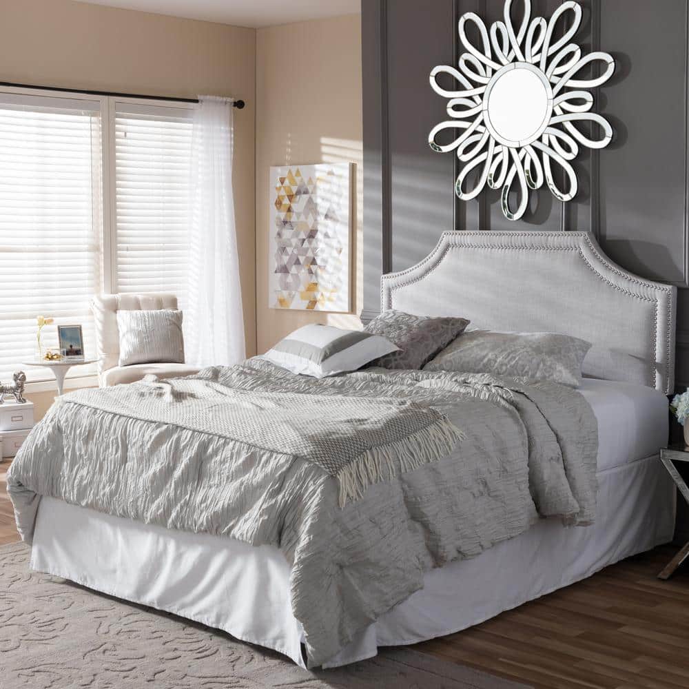 Greyish Beige Upholstered Full Headboard with Nailhead Trim