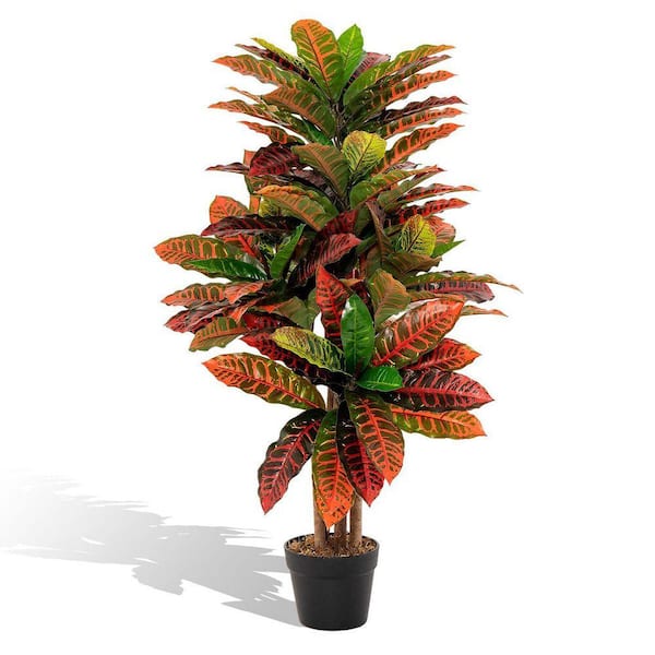 3.3 ft. Green and Red Artificial Fake Croton Palm Plant Tree with Colorful Variegated Leaves in Pot for In-Outdoor Decor