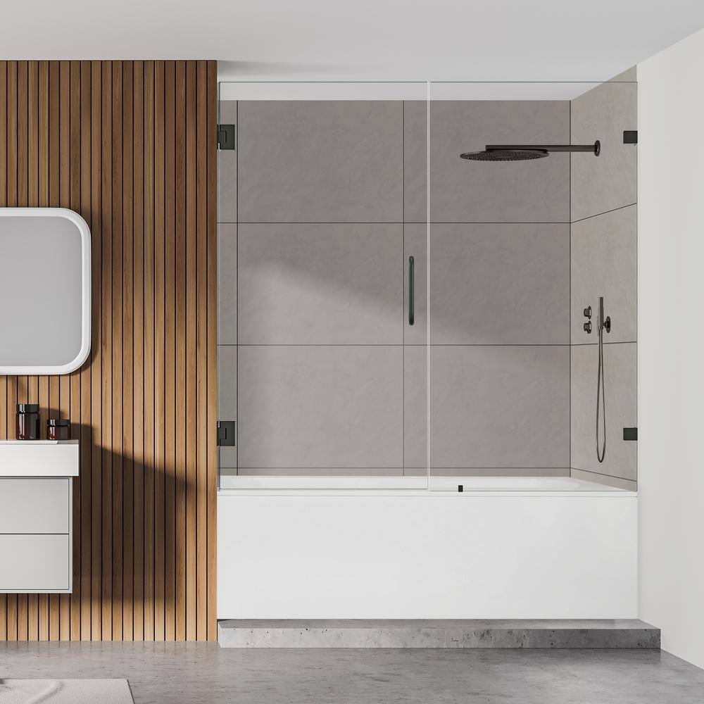 60" Matte Black Frameless Hinged Tub Door with Clear Glass