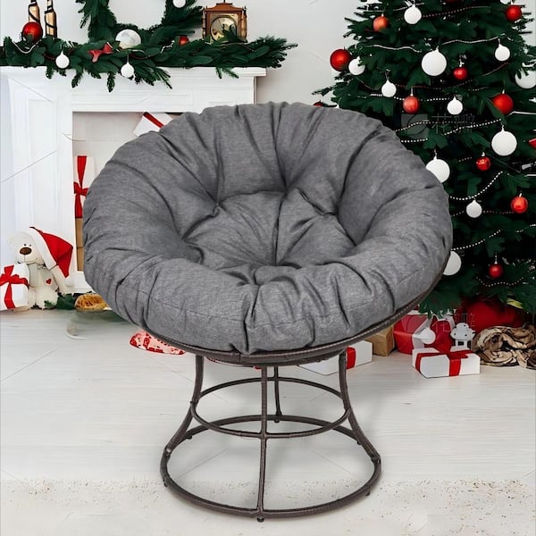 TWT 1-Piece Swiveling Papasan Brown PE Wicker Indoor and Outdoor Lounge Chair with Gray Cushion