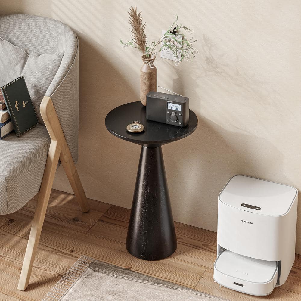 Black Round Pedestal Solid Wood End Table, 13.5 in