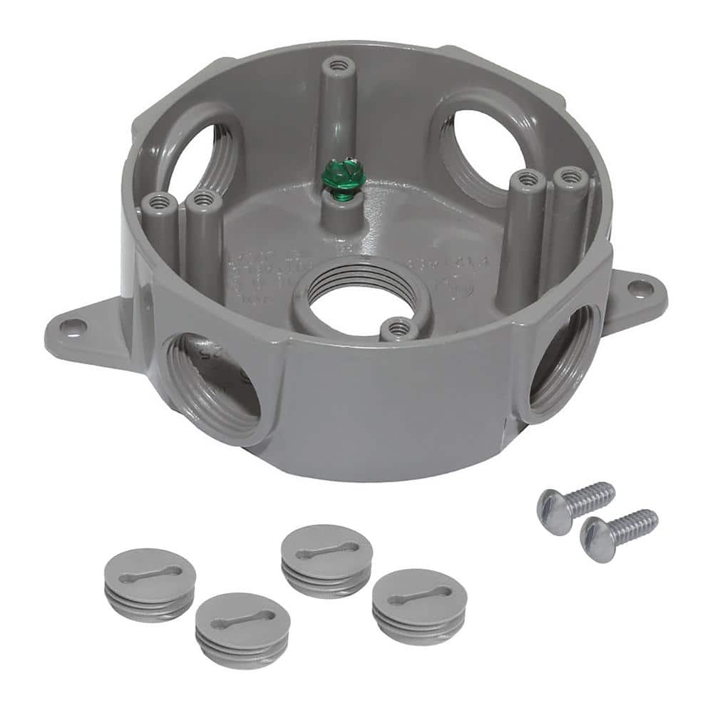 Round Metal Weatherproof Electrical Outlet Box with (5) 1/2 inch Holes, Gra