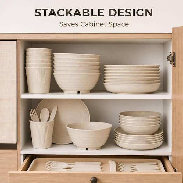 Wudkey 42-Piece Beige Wheat Straw Dinnerware Sets for 6, Kitchen