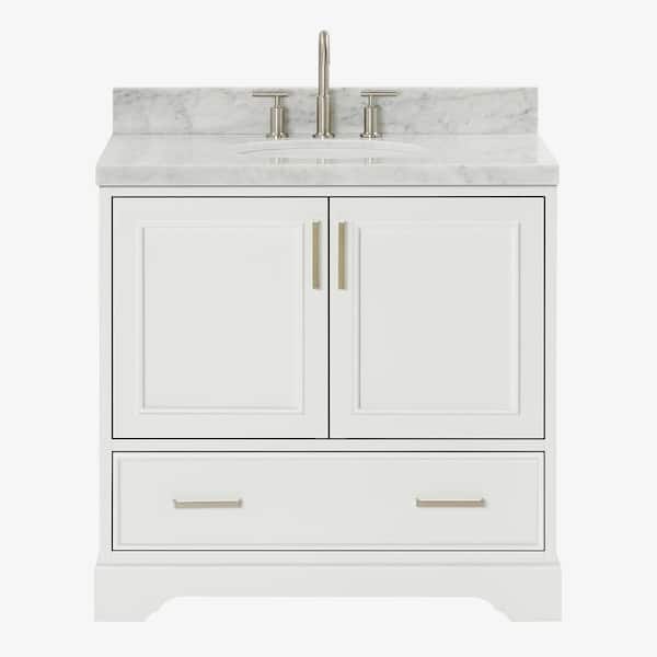 Stafford 36 in. W x 22 in. D x 36 in. H Single Sink Freestanding Bath Vanity in White with Carrara White Marble Top