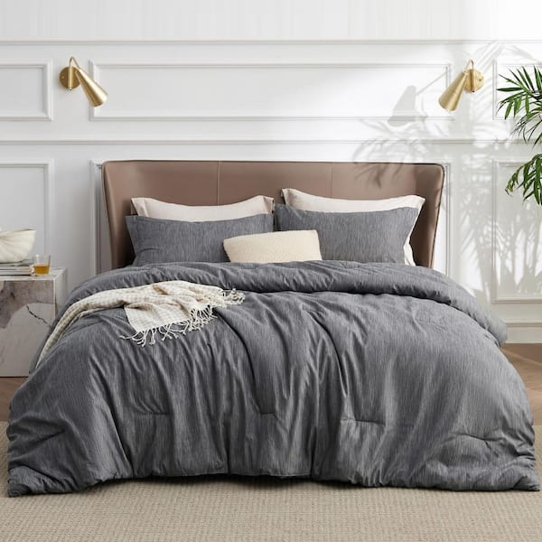 All Seasons Polyester 3-Piece California King Size Bedding Set with Comforter and Pillow Shams, Charcoal Gray