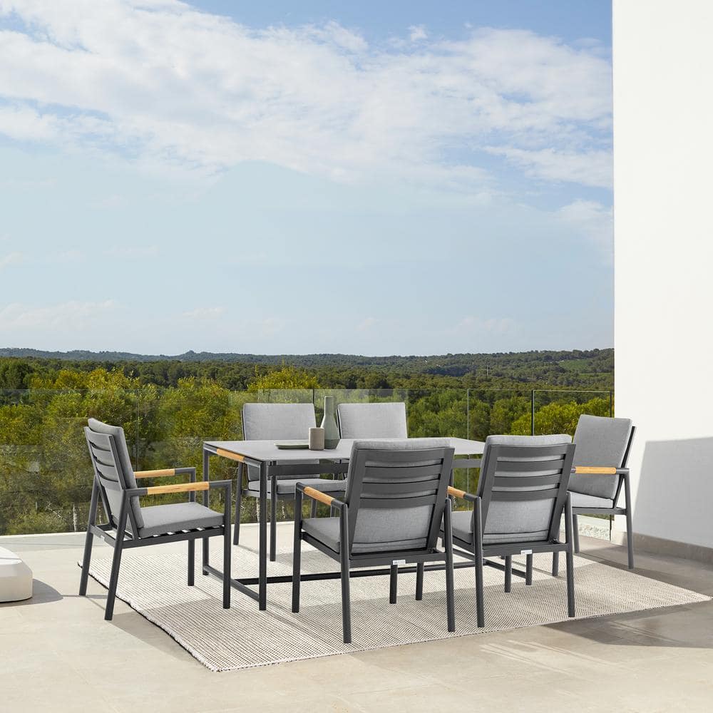 Royal 7-Piece Black Aluminum and Teak Outdoor Dining Set with Dark Gray Cushions