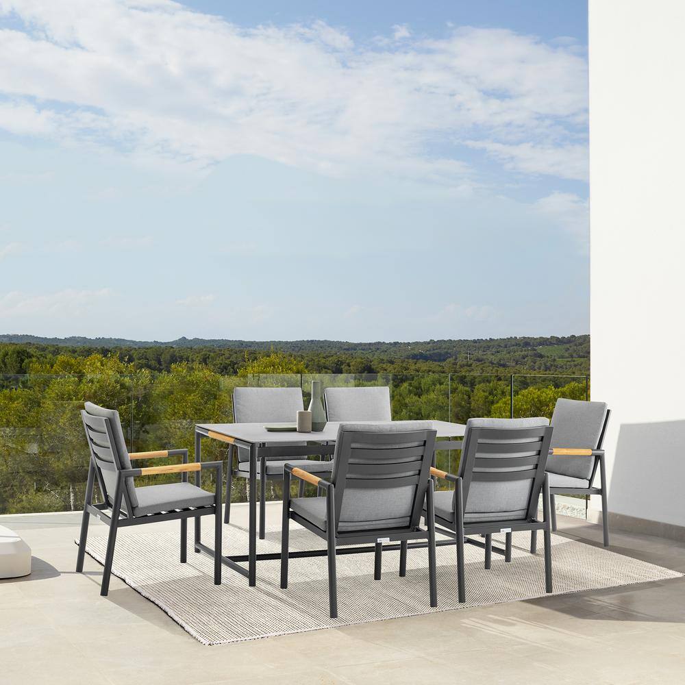 Royal 7-Piece Black Aluminum and Teak Outdoor Dining Set with Dark Gray Cushions