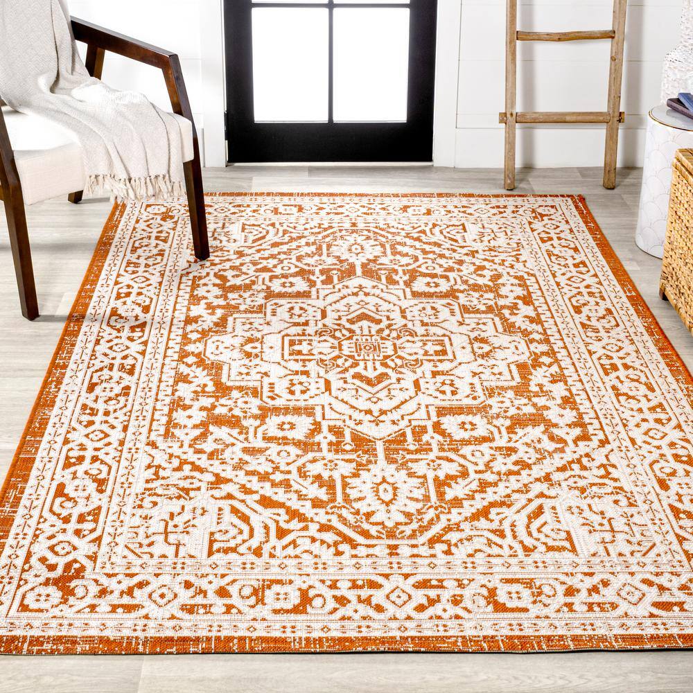 Sinjuri Orange/Cream Medallion Handwoven 9' x 12' Indoor/Outdoor Rug