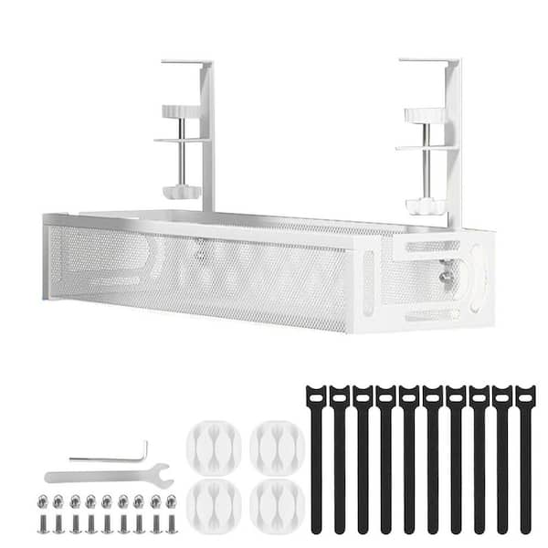 25 in. Under Desk Cable Management Tray, Metal Cord Organizer with Clamp for Standing Desk, White Wire/Cable Type Cord