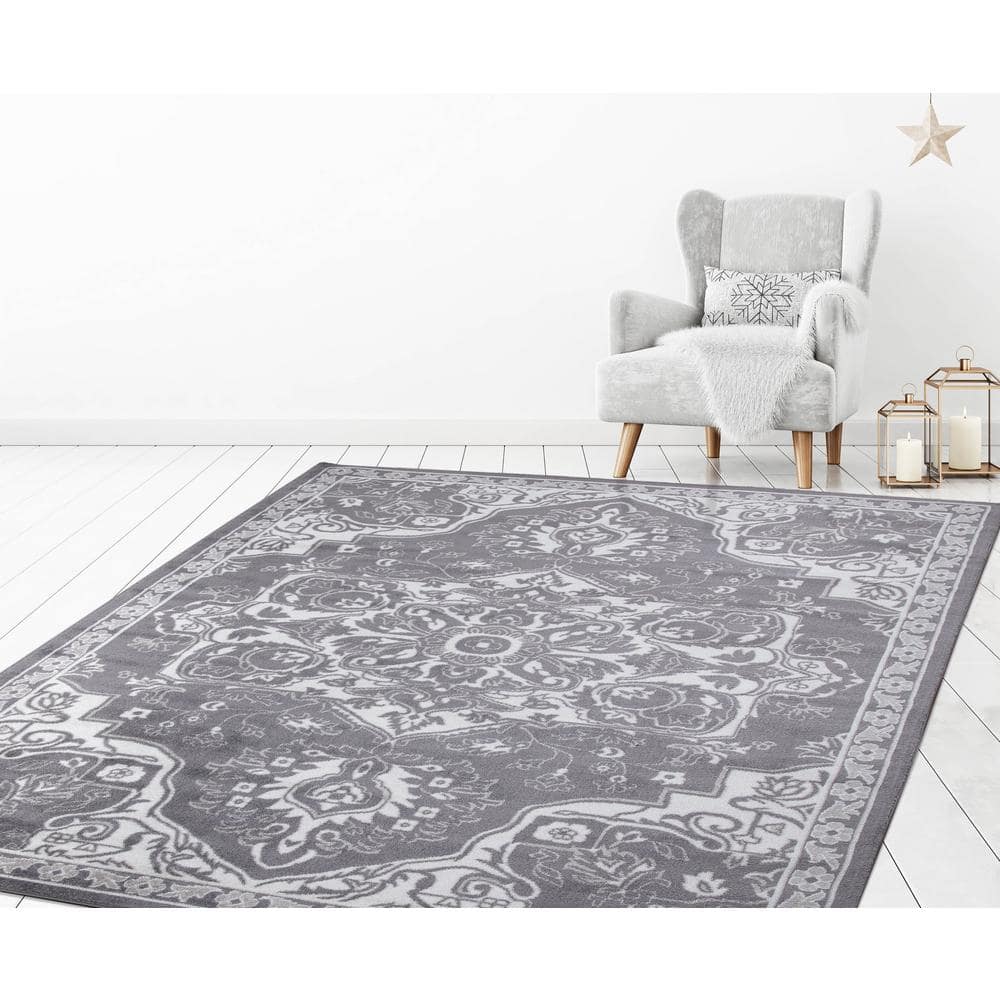 Gray Rectangular Medallion Synthetic Easy Care Area Rug