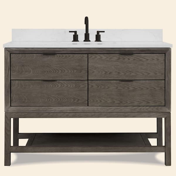 Solid Wood Contemporary 48 in. Freestanding Grey Oak Bath Vanity with White Artificial Stone Top Unassembled