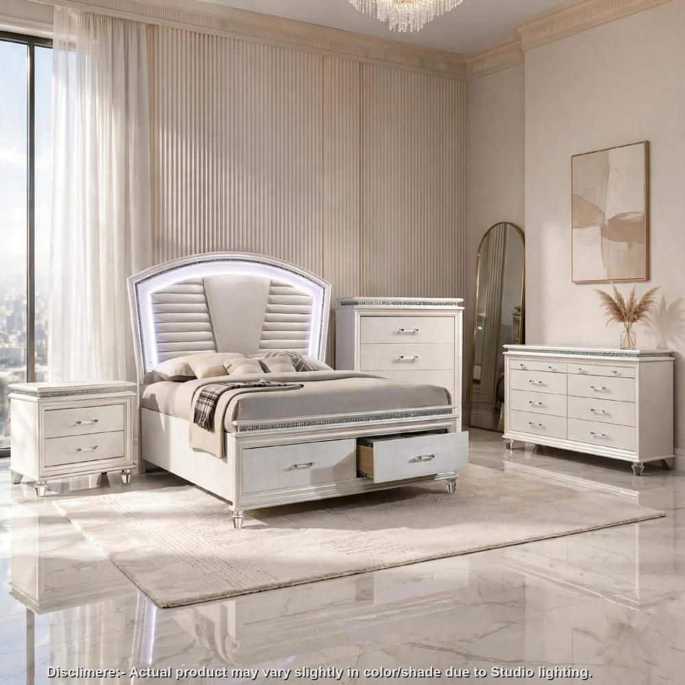 Pike 4-Piece Silver, Pearl White and Clear Wood Queen Bedroom Set with Chest, Dresser and Nightstand