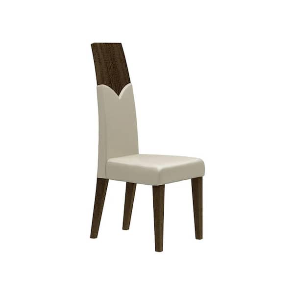 Benjara White and Brown Faux Leather Side Chair with Dark Walnut Brown Wood (Set of 2)