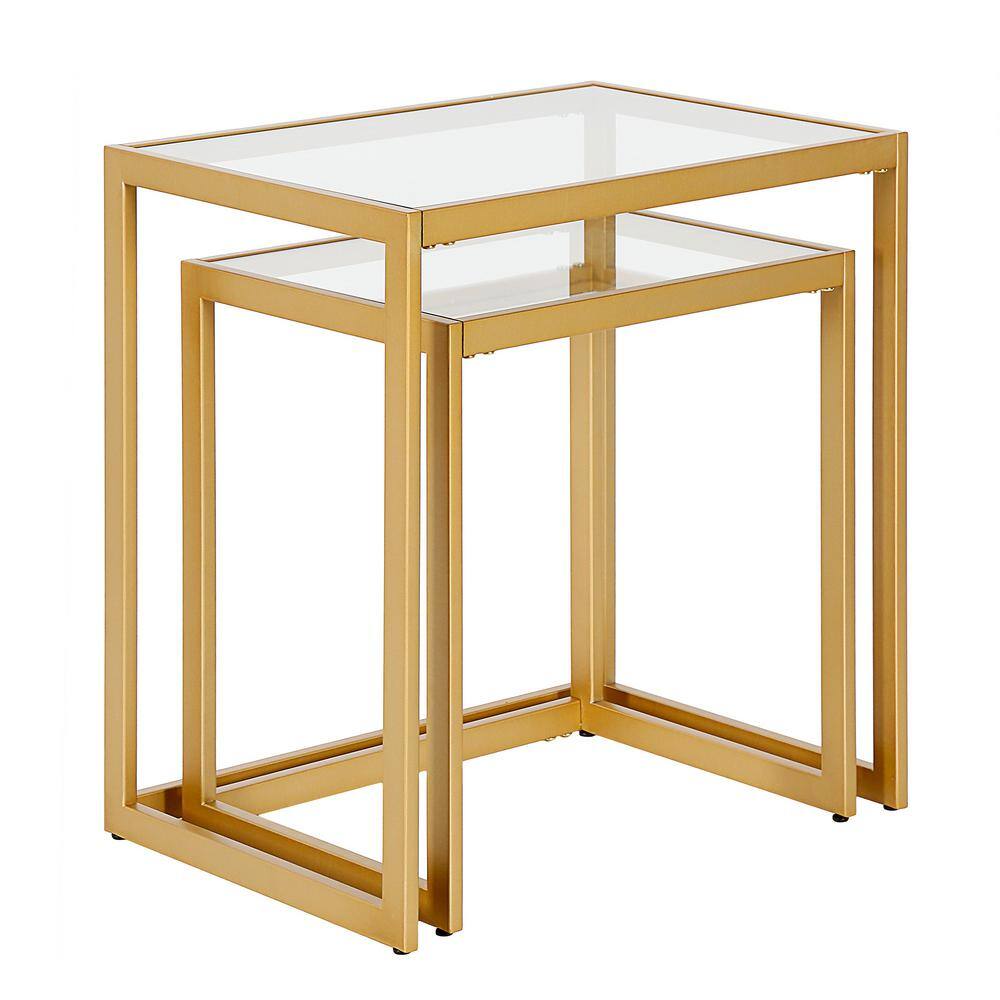 Gold Rectangular Metal and Glass Nested Accent Tables, Set of 2