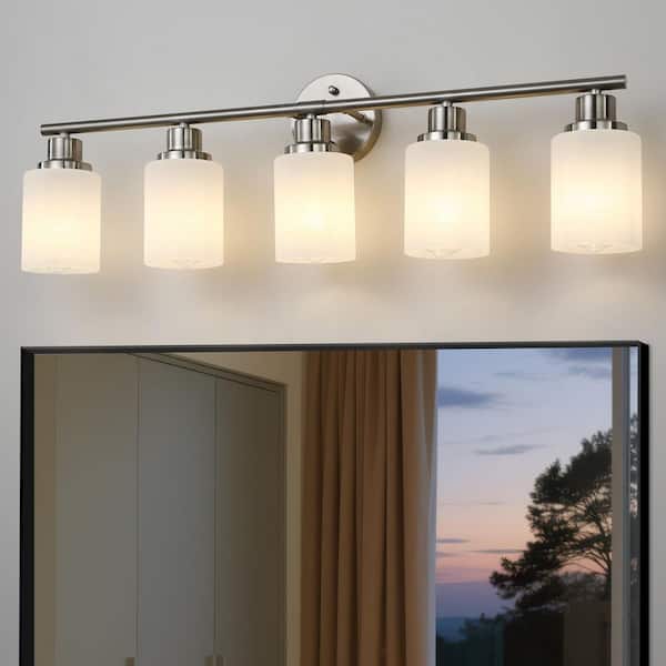 31 in. 5-Light Brushed Nickel Bathroom Vanity Light Fixture with Frosted Glass Shades