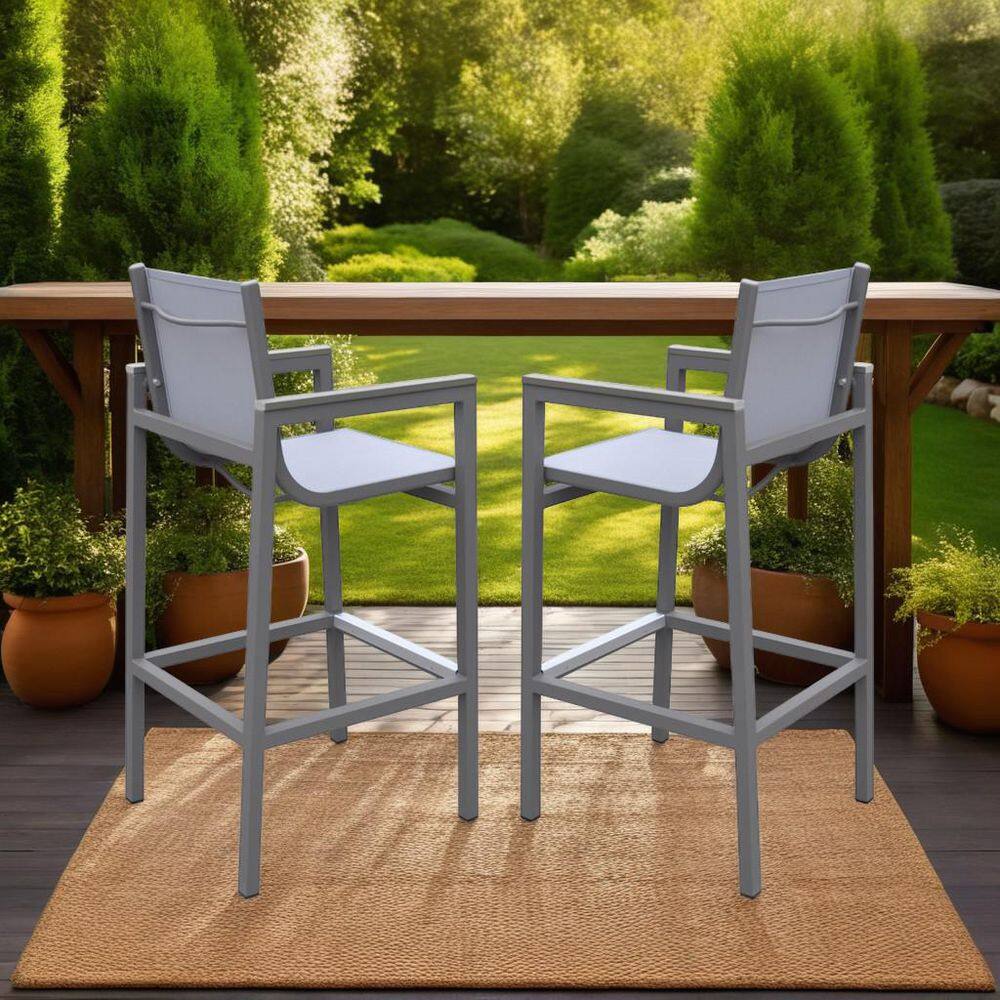 Marina Gray Aluminum Outdoor Bar Stool with Wood Accents