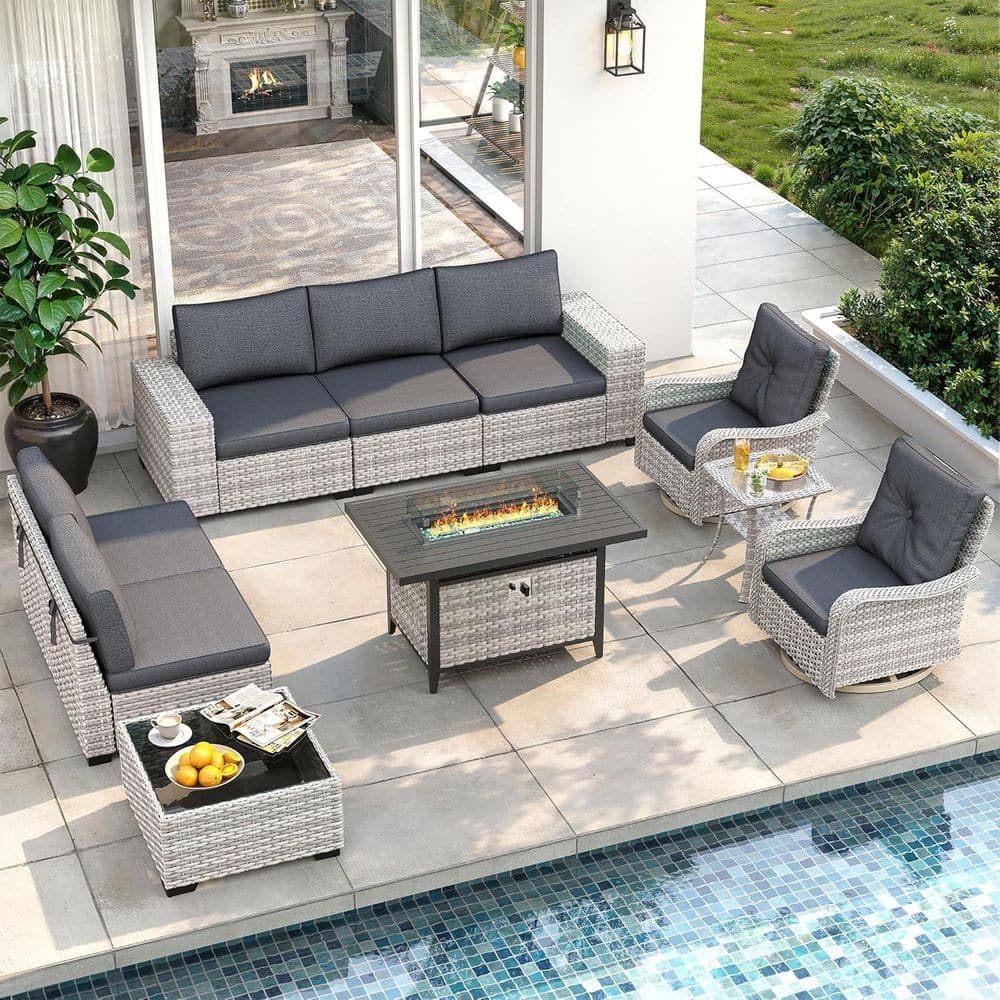 10-Piece All-Weather Wicker Outdoor Sectional Set with Fire Pit Table, Swivel Chairs and Black Cushions price history on PriceWatchPro