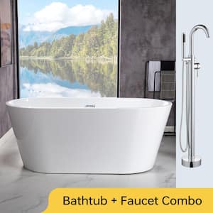 59 in. L x 29.5 in.W Acrylic Flat Bottom Soaking Bathtub in White with Polished Chrome Drain and Tub Filler