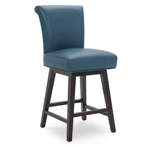 Dennis 26 in. Dark Blue High Back Solid Wood Frame Swivel Counter Height Bar Stool with Faux Leather Seat