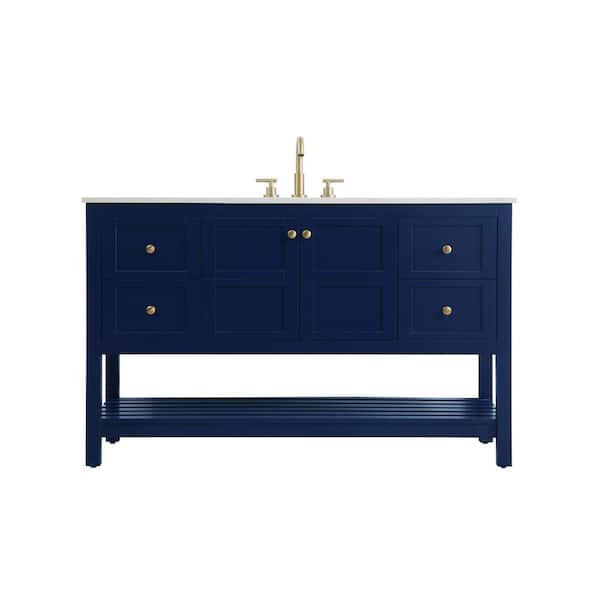 54 in. Single Sink Blue Bath Vanity with White Engineered Marble Top