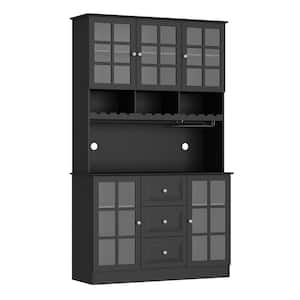 Black Wooden 47.2 in. Width Sideboard, Wine Cabinet, Foodpantry with Adjuastable Shelves, Glass Doors, 3 Drawers