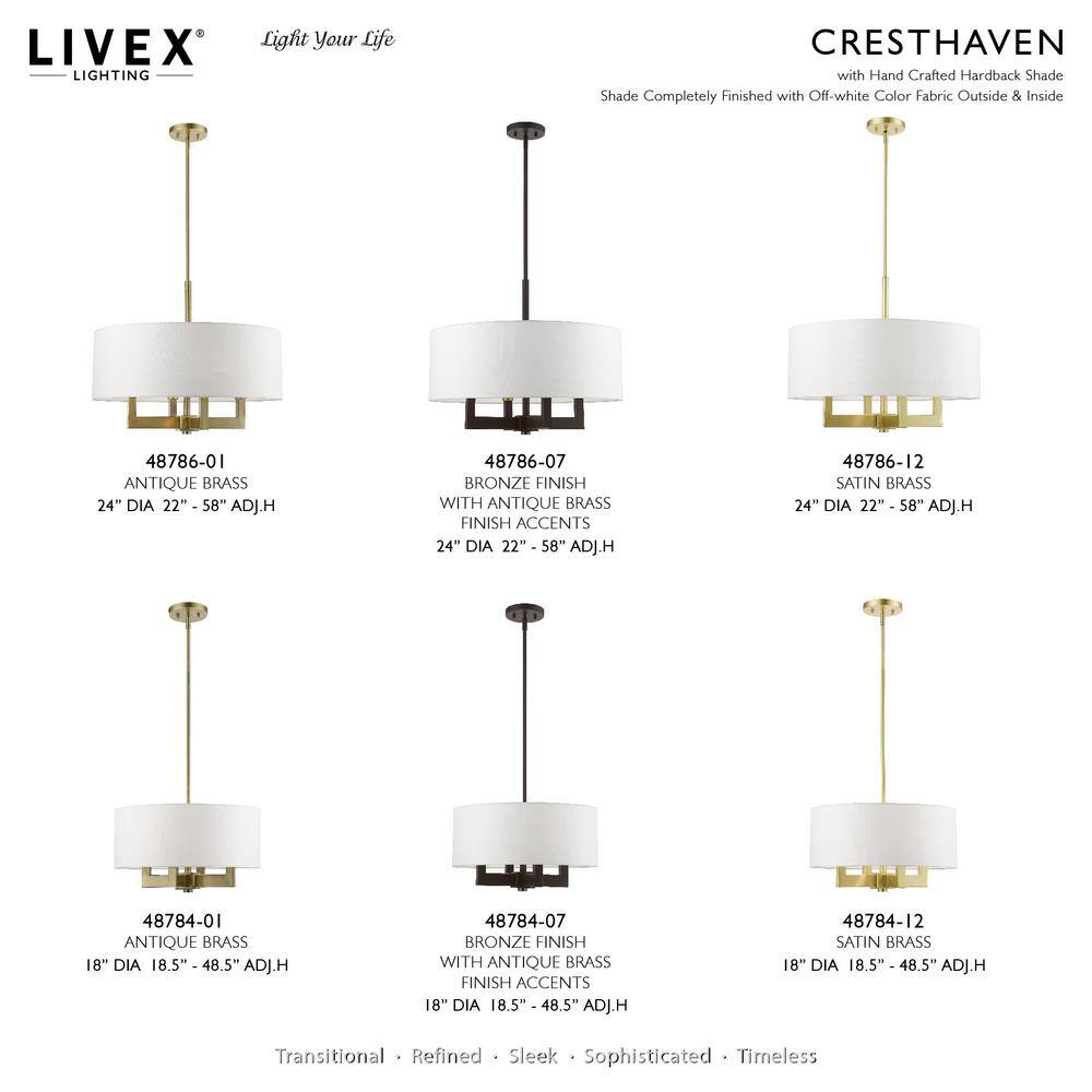 Antique Brass Cresthaven 4-Light Chandelier with Off-White Shade