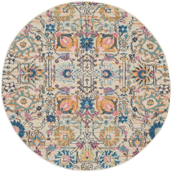 Nourison Passion Ivory/Multi 5 ft. x 5 ft. Floral Transitional Round Area Rug