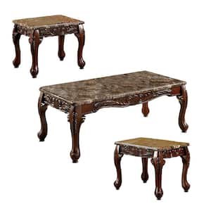 3-Piece 24 in. Brown Medium Rectangle Faux Marble Coffee Table Set with Faux Marble Top