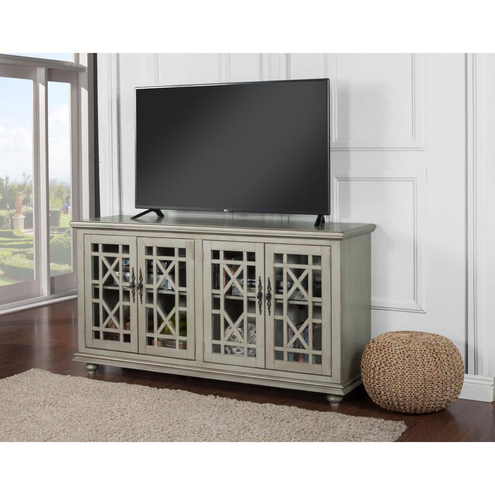 Antique Silver Wood TV Stand with Glass Doors
