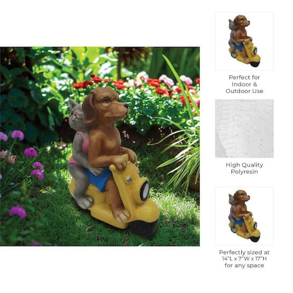 Liv & Skye 17 in. Yellow Resin Dog and Cat On Solar Scooter Garden