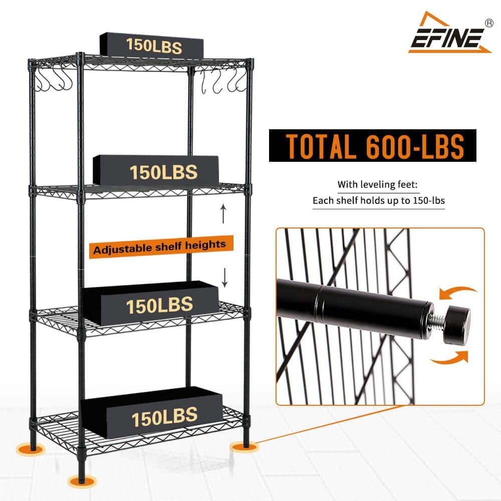 Black Carbon Steel 4-Tier Utility Shelving Unit with Hooks