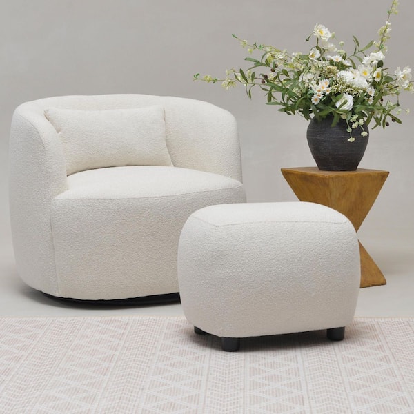 Beige Boucle Upholstered Swivel Armchair with Ottoman
