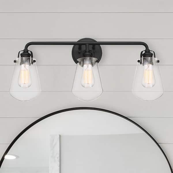 Elliott 24 in. 3-Light Matte Black Industrial Vanity Light with Clear Glass Shades