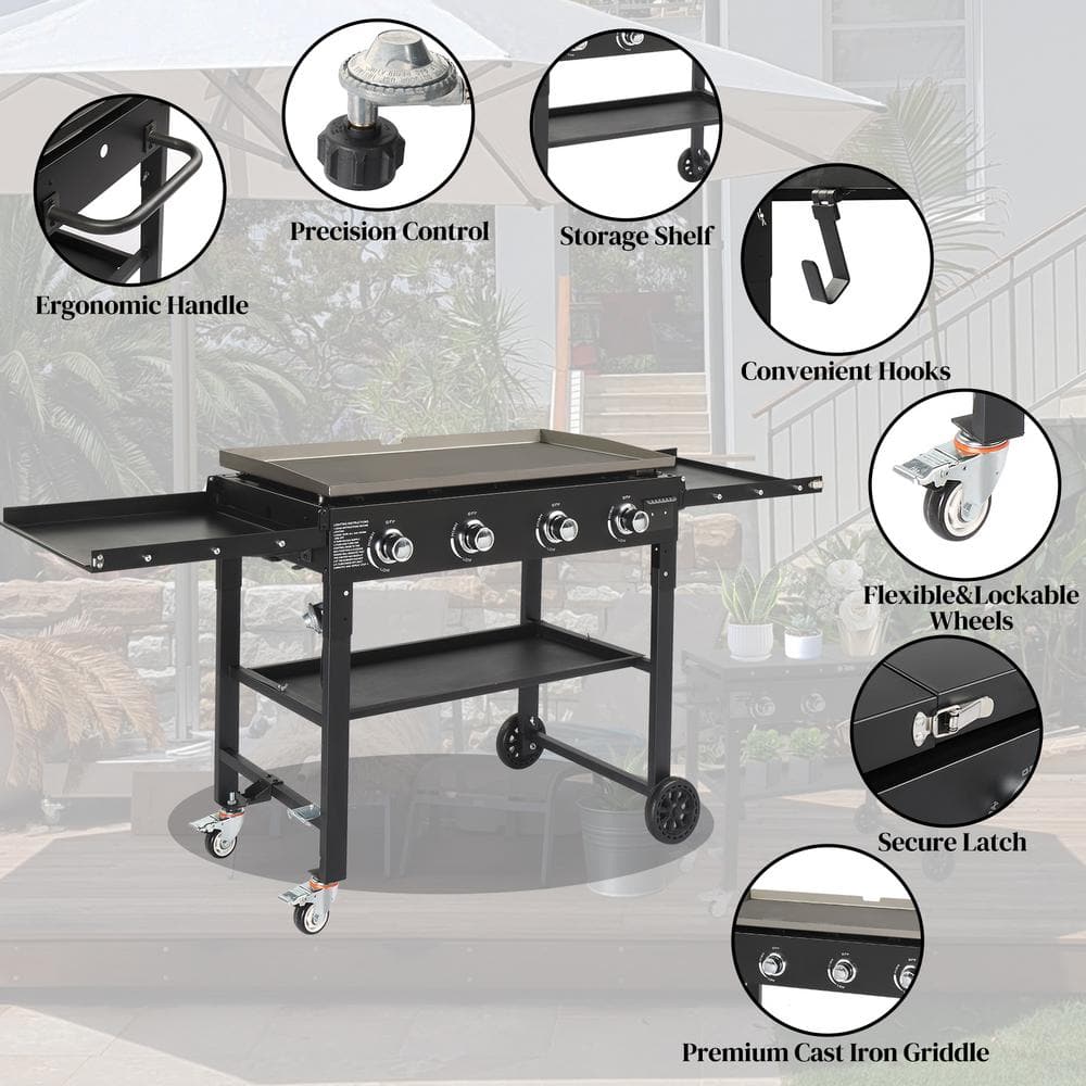 Foldable Black 4-Burner Propane Gas Griddle Cooking Station