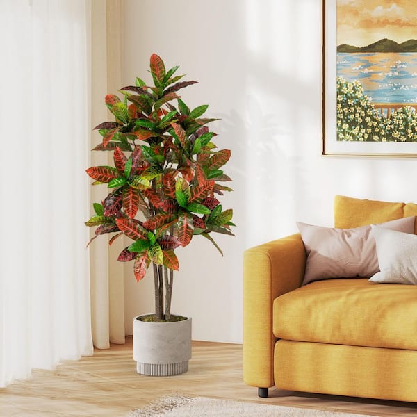 Gymax 5 FT Artificial Croton Plant w/ Multi-colored PEVA Leaves