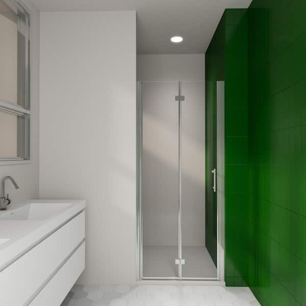 32 in. - 33 3/8 in. W x 72 in. H Frameless Bifold Shower Door with Chrome Finish and Clear Tempered Glass
