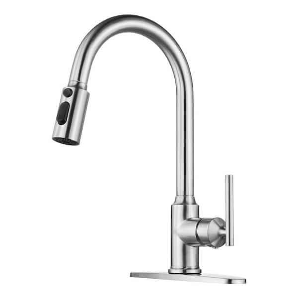 WOWOW Single-Handle Pull-Down Stainless Steel Sprayer Kitchen Faucet with PowerSpray and Temperature Control in Brushed Nickel