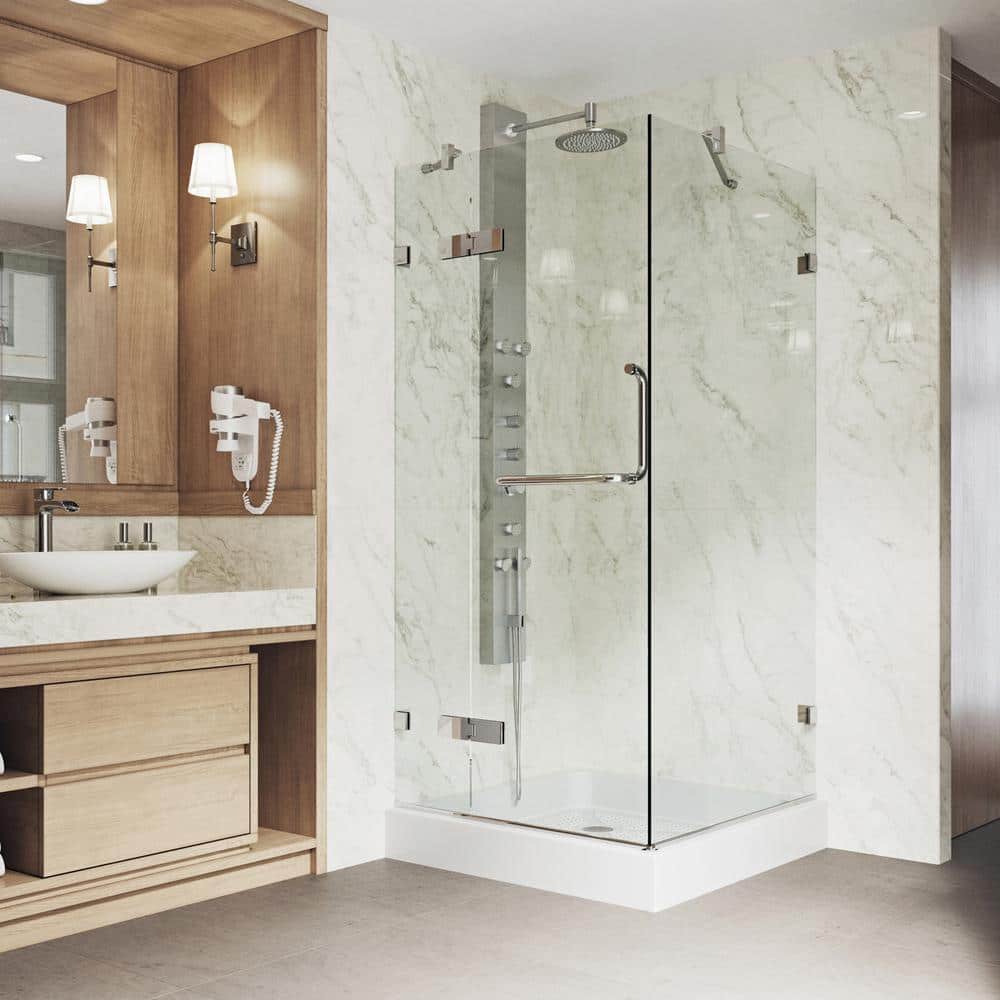 Monteray Frameless Clear Glass Hinged Shower Enclosure with Brushed Nickel Hardware