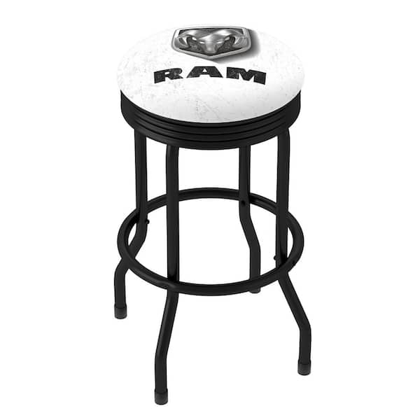 RAM Logo White 360° Swivel Black Rung Base with Foam Padded Seat Ribbed Bar Stool