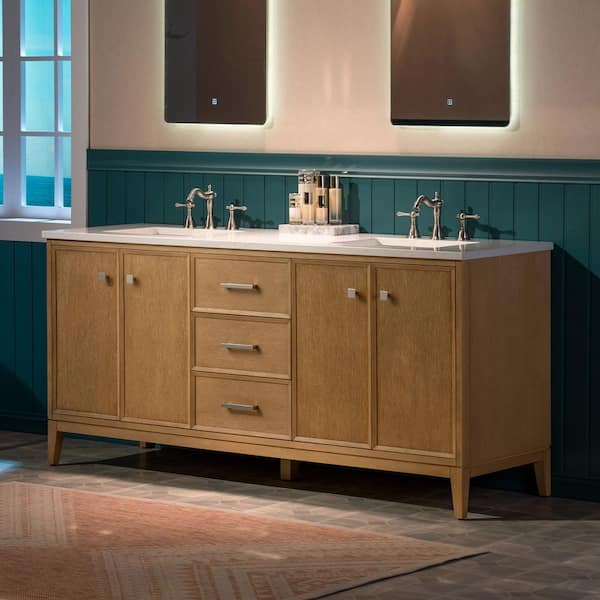 73 in. W x 22 in. D Double Sink Freestanding Bath Vanity in Natural Oak w/ Carrara White Engineered Stone Vanity Top