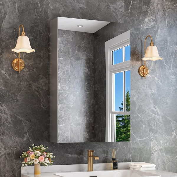 12 in. W x 24 in. H Rectangular Silver Aluminum Alloy Recessed/Surface Mount Medicine Cabinet with Mirror