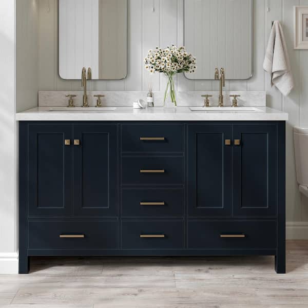 ARIEL Cambridge 61 in. W x 22 in. D x 36 in. H Vanity in Midnight Blue with Carrara White Marble Top