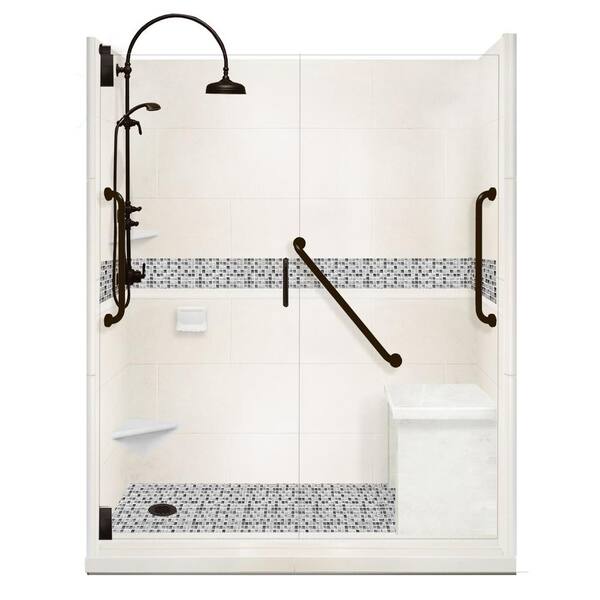 American Bath Factory Del Mar Freedom Luxe Hinged 42 in. x 60 in. x 80 in. Left Drain Alcove Shower Kit in Natural Buff and BK Pipe Hardware