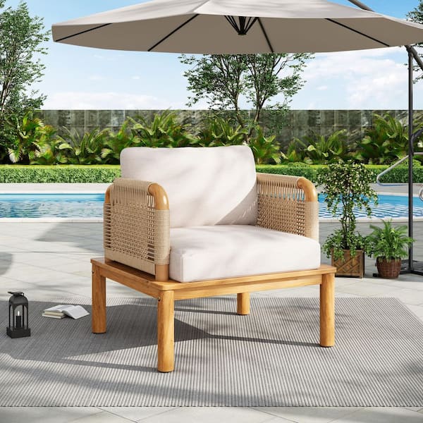 CHRISTOPHER KNIGHT HOME Axel Patio Solid Wood and Rope Woven Outdoor Lounge Chair with Beige Cushions, Teak Finish