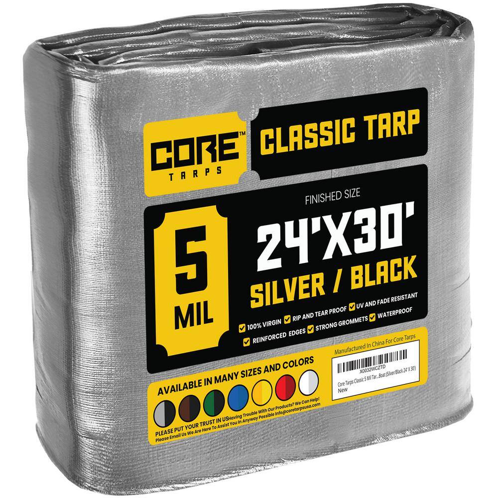 CORE TARPS 24 ft. x 30 ft. Silver/Black 5 Mil Heavy Duty Polyethylene Tarp, Waterproof, UV